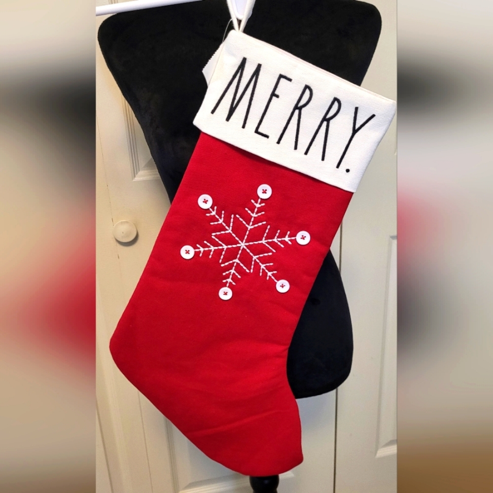 RAE DUNN MERRY Snowflake Christmas Stocking RED & White